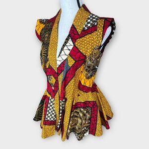 Ankara African‎ Print Sleeveless Peplum Blazer Vest Handmade Size Small